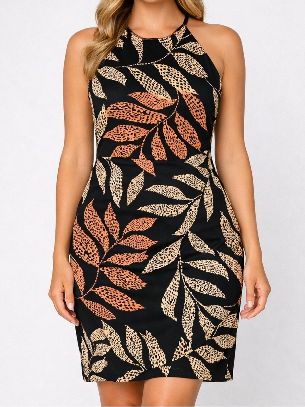 Guess Womens Black Orange Tropical Leaf Halter Neck Sheath Dress Size  14
